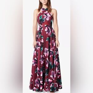 Fame‎ and Partners Floral-Print A-Line Halter Gown Maroon Sz 2 Formal Prom Party